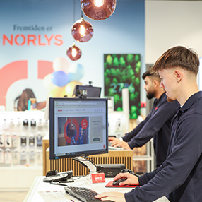 To medarbejdere står i Norlys butikken og kigger på deres computer